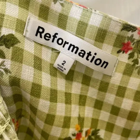 Reformation Roarke Floral Check Mini Sun Dress Green Gingham Sweetheart  Linen 2 Mini